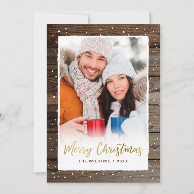 Rustic Wood Gold Merry Christmas Photo Cards (Front)