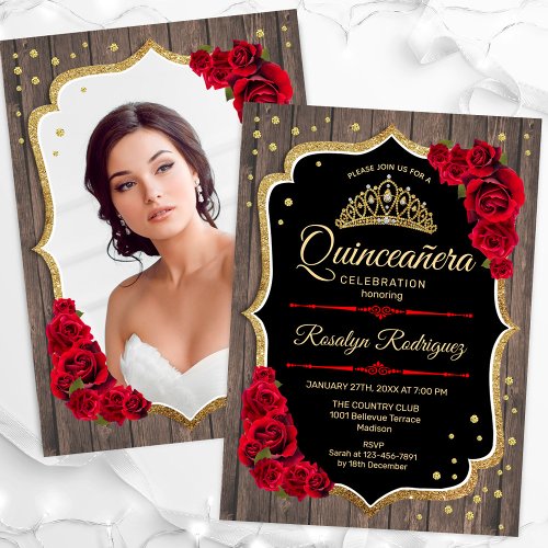 Rustic Wood Gold Red Photo Quinceanera Invitation