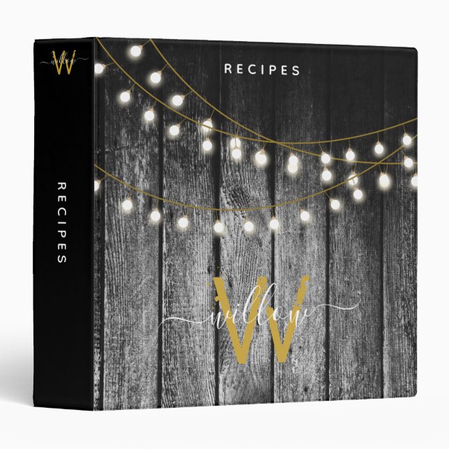 Rustic Wood Gold String Lights Monogram Recipe 3 Ring Binder (Front/Spine)