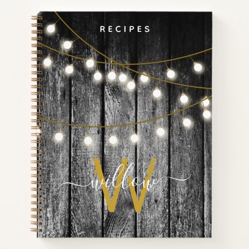 Rustic Wood Gold String Lights Monogram Recipe Notebook