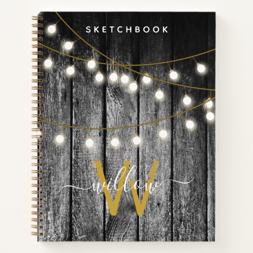 Rustic Wood Gold String Lights Monogram Sketchbook Notebook
