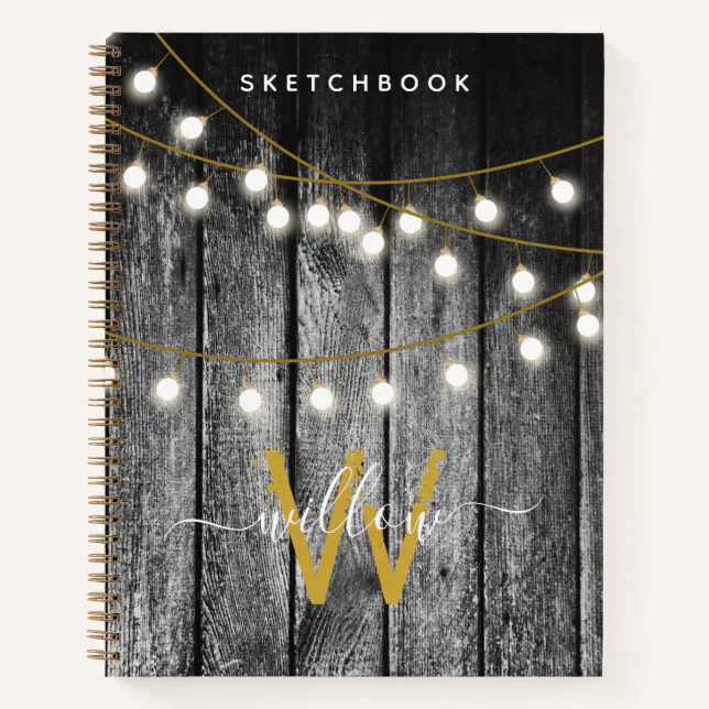 Rustic Wood Gold String Lights Monogram Sketchbook Notebook | Zazzle