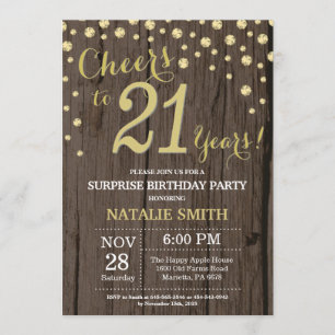 Rustic Wood Gold Surprise 21st Birthday Diamond Invitation