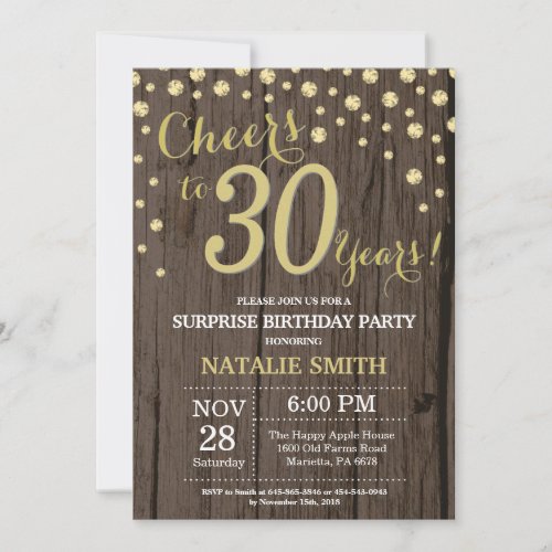 Rustic Wood Gold Surprise 30th Birthday Diamond Invitation