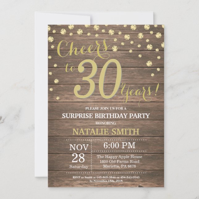 Rustic Wood Gold Surprise 30th Birthday Diamond Invitation (Front)