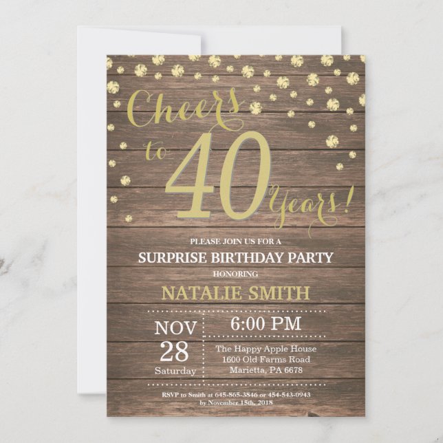 Rustic Wood Gold Surprise 40th Birthday Diamond Invitation (Front)