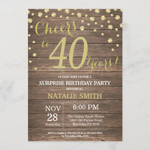 Rustic Wood Gold Surprise 40th Birthday Diamond Invitation