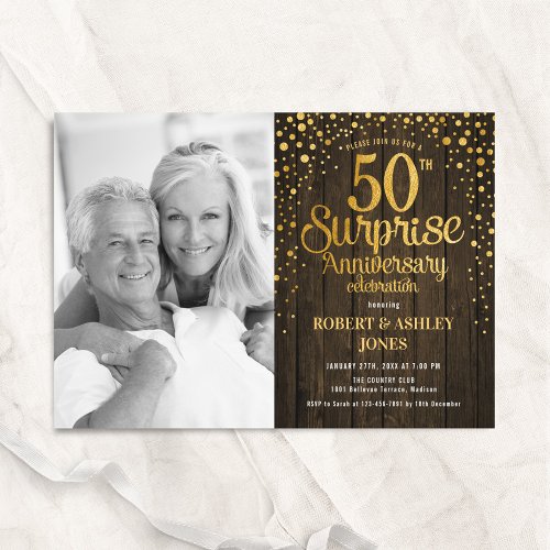 Rustic Wood Gold Surprise 50th Anniversary Photo Invitation
