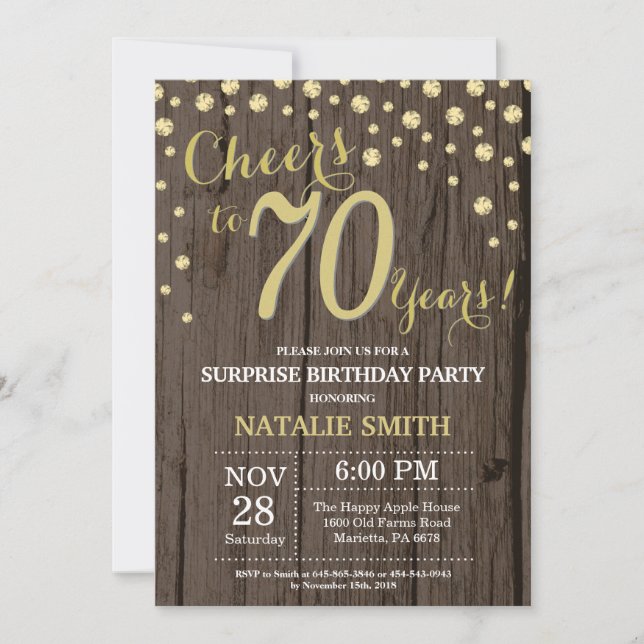 Rustic Wood Gold Surprise 70th Birthday Diamond Invitation (Front)