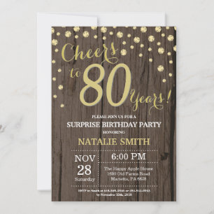 Rustic Wood Gold Surprise 80th Birthday Diamond Invitation