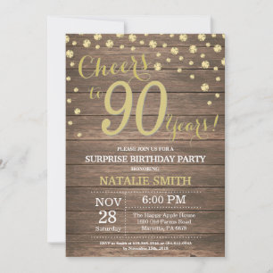 Rustic Wood Gold Surprise 90th Birthday Diamond Invitation