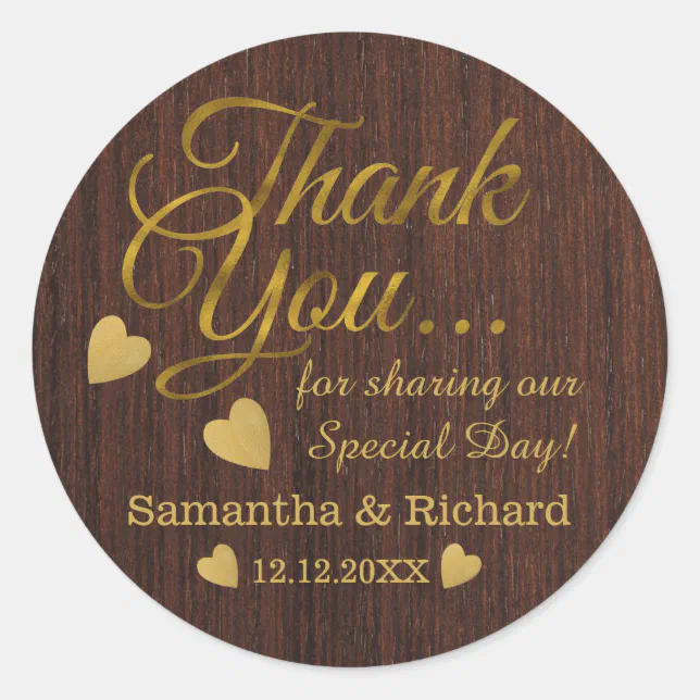 Rustic Wood Gold Thank You Wedding Classic Round Sticker | Zazzle