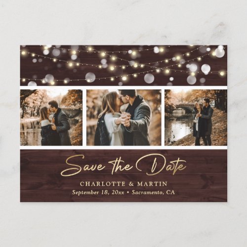 Rustic Wood Gold Wedding Photo Save The Date Announcement Postcard