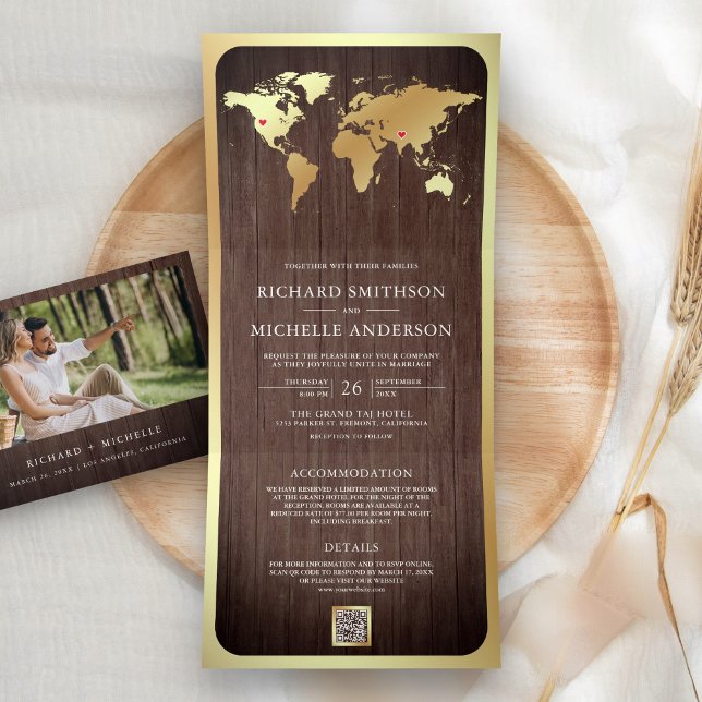 Rustic Wood Gold World Map QR Code Photo Wedding Tri-Fold Invitation (Creator Uploaded)