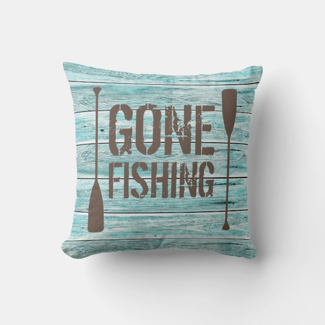 Rustic Wood Gone Fishing Throw Pillow (Front)
