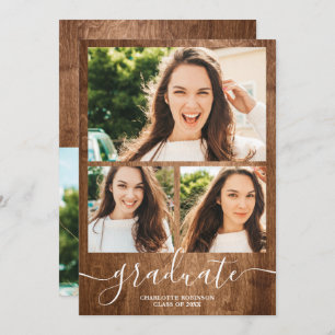 Rustic wood graduate script 4 photos graduation invitation