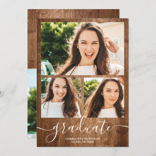 Rustic wood graduate script 4 photos graduation invitation