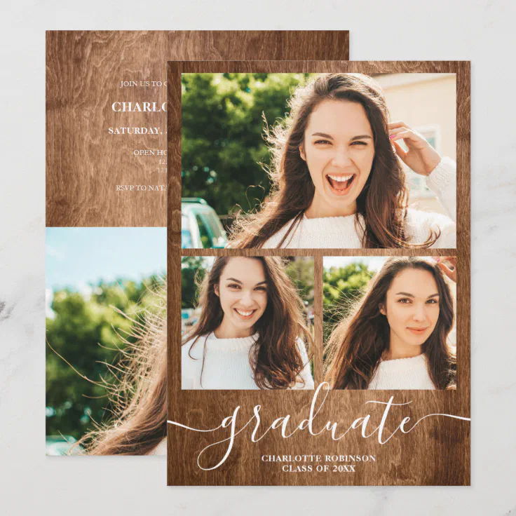Rustic wood graduate script 4 photos graduation invitation | Zazzle