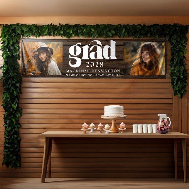 Rustic Wood Graduation 2 Photo Long Banner (Rustic Wood Graduation 2 Photo Long Banner)