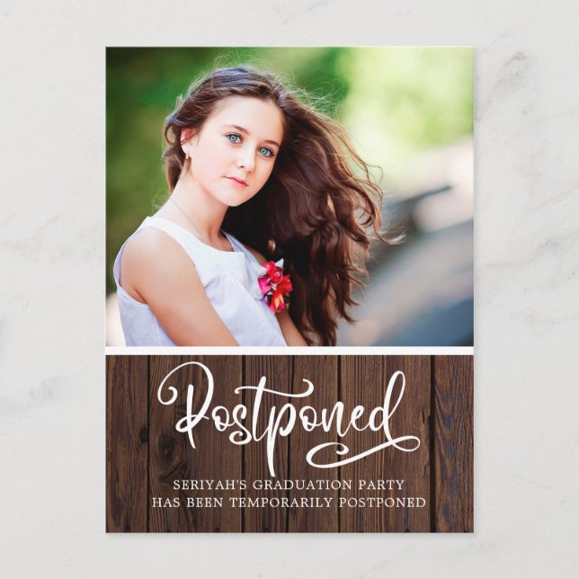 Rustic Wood Graduation Party Postponement Postcard (Front)
