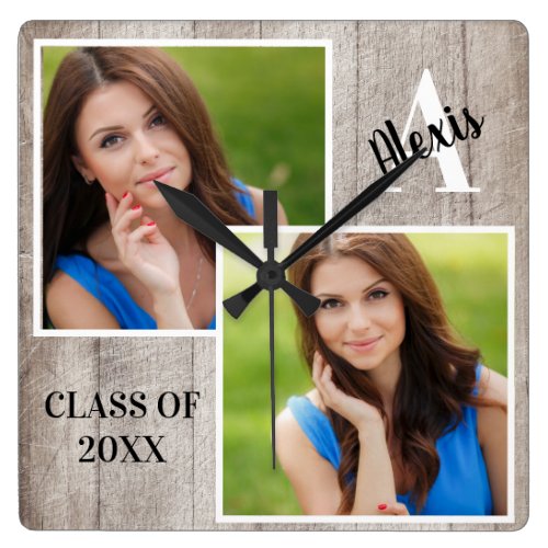 Rustic Wood Graduation Senior Portraits Monogram Square Wall Clock