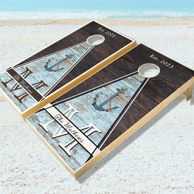 Rustic Wood grain Anchor Teal blue Brown Monogram Cornhole Set (Creator Uploaded)