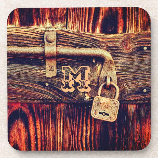 Rustic wood grain antique brass lock brown black beverage coaster (Front)