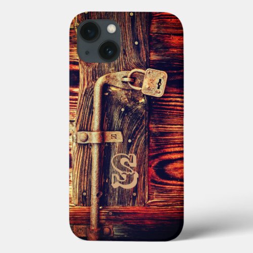 Rustic wood grain antique brass lock brown black iPhone 13 case