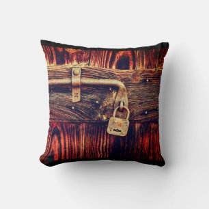Rustic wood grain antique brass lock brown black throw pillow