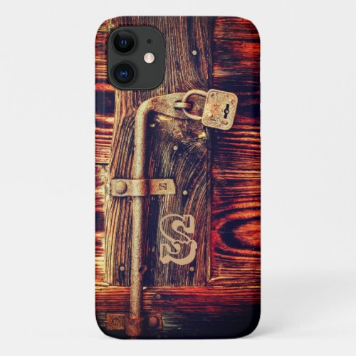 Rustic wood grain antique brass lock brown iPhone 11 case
