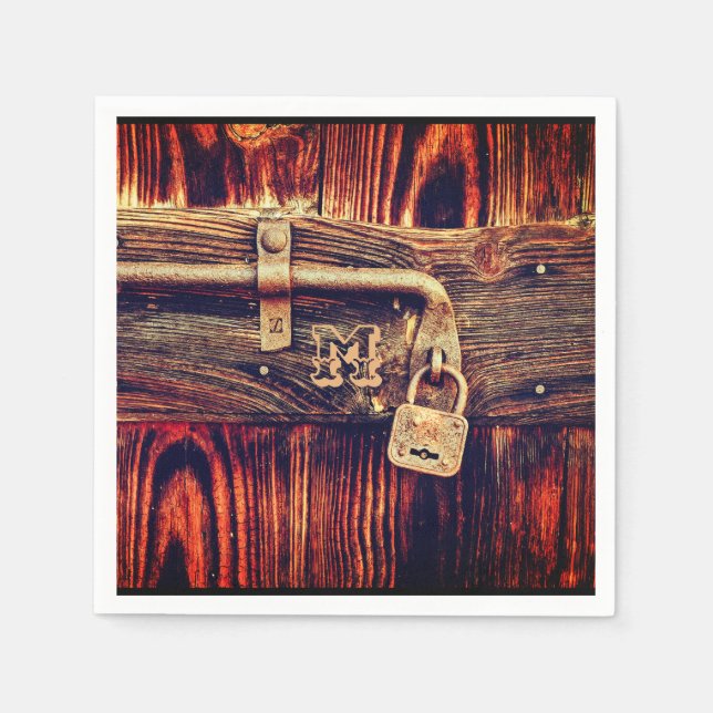 Rustic wood grain antique brass lock brown napkins (Front)