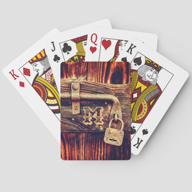 Rustic wood grain antique brass lock poker cards (Back)