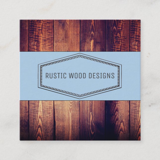 Rustic Wood Grain Blue Gray Monogram Square Business Card (Front)