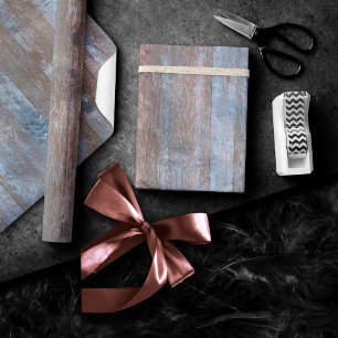 Rustic Wood Grain Copper and Blue Planks Wrapping Paper