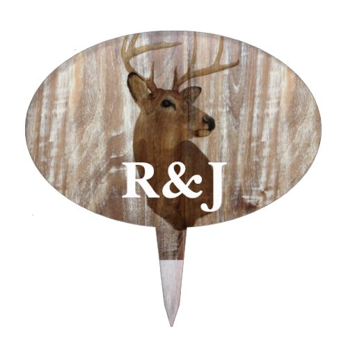 rustic wood grain deer the hunt is over wedding cake topper