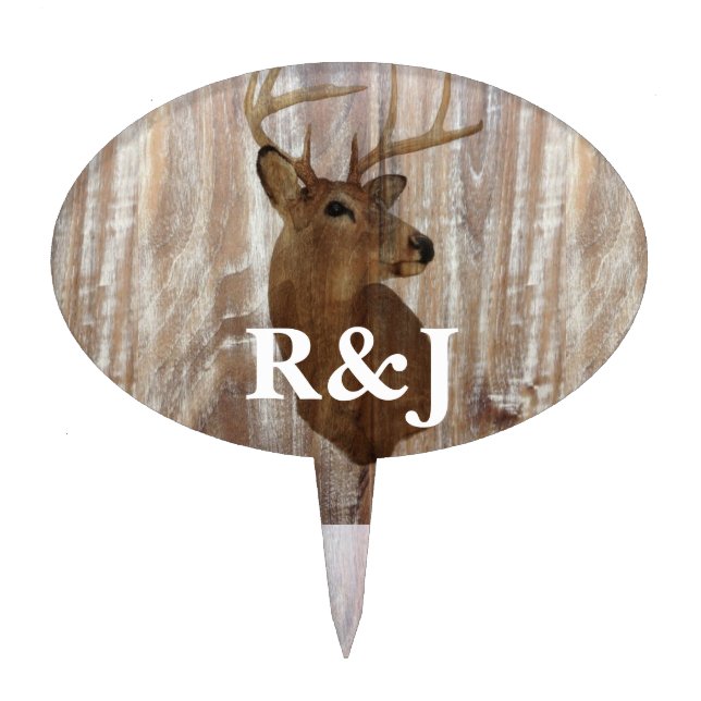 rustic wood grain deer the hunt is over wedding cake topper (Front)