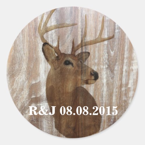 rustic wood grain deer the hunt is over wedding classic round sticker