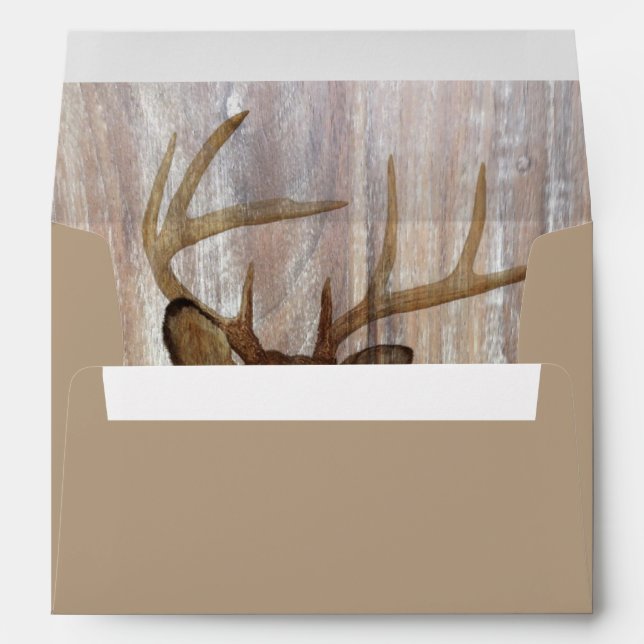 rustic wood grain deer the hunt is over wedding envelope (Back (Bottom))