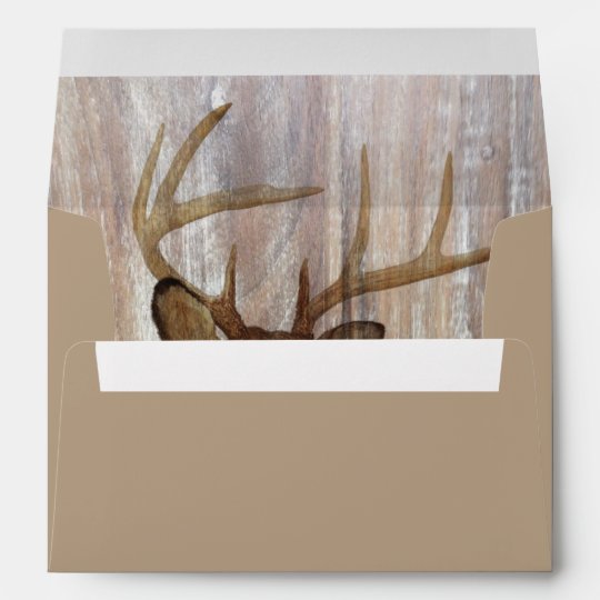 rustic wood grain deer the hunt is over wedding envelope
