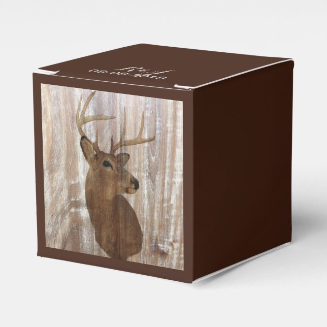 rustic wood grain deer the hunt is over wedding favor boxes (Front Side)