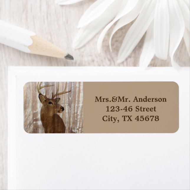rustic wood grain deer the hunt is over wedding label (Insitu)
