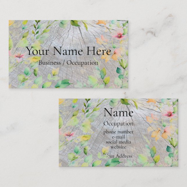 Rustic wood grain distressed botanical wildflowers business card (Front/Back)