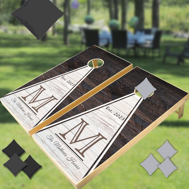 Rustic Wood Grain Family Name Monogram Cream Brown Cornhole Set (Creator Uploaded)