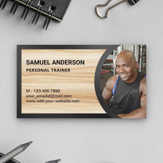 Rustic Wood Grain Fitness Personal Trainer Photo Business Card (Creator Uploaded)