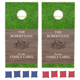 Rustic Wood Grain & Green Grass Family Name Cabin Cornhole Set