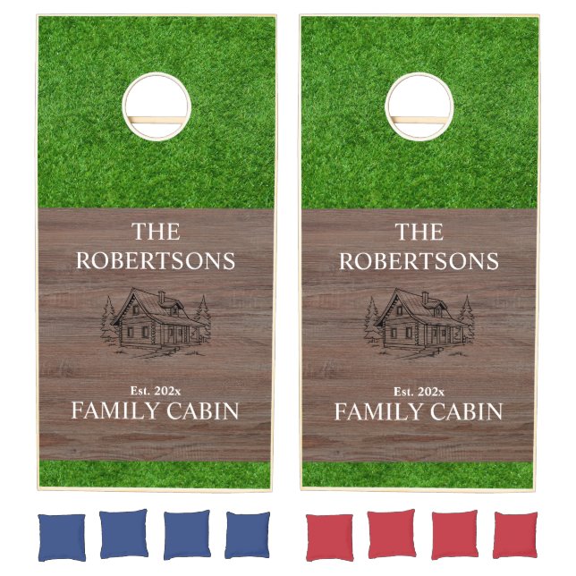 Rustic Wood Grain & Green Grass Family Name Cabin  Cornhole Set (Set)