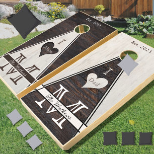 Rustic Wood Grain Heart Mom Dad Teams Cornhole Set