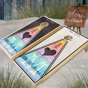 Rustic Wood Grain Heart Pastel Rainbow Cornhole Se Set