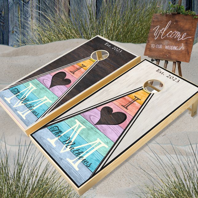 Rustic Wood Grain Heart Pastel Rainbow Cornhole Se Set (Creator Uploaded)
