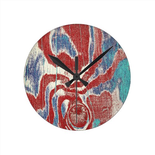 Rustic Wood Grain Knot Texture in Red Blue White Round Clock